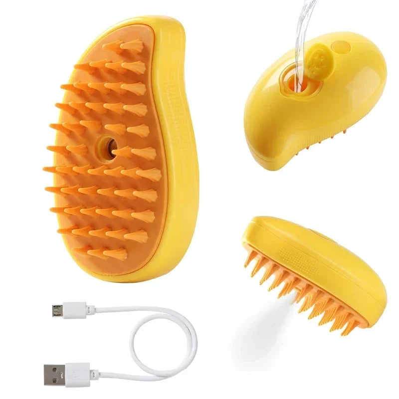 Electric steam pet brush set in yellow, with USB charging cable and orange indicator top
