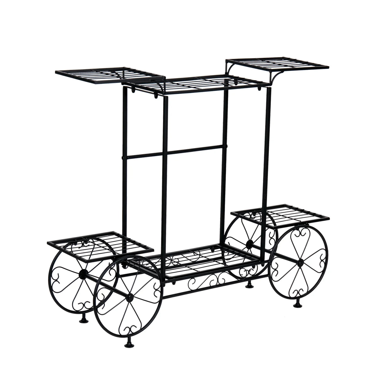 Black rolling plant pot display cart with four grid shelves and wheel base