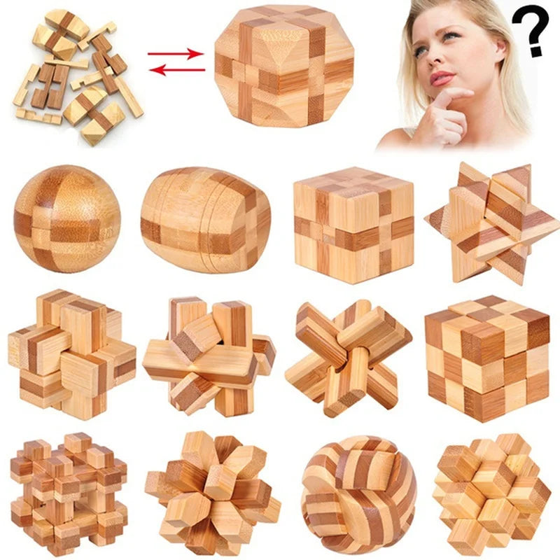 Set of wooden Kong Ming lock 3D puzzle shapes in different styles
