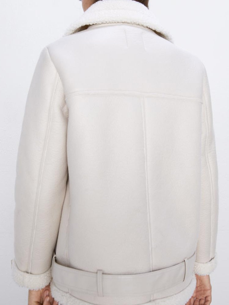 Cream faux lamb leather moto jacket back view with shearling collar and belt
