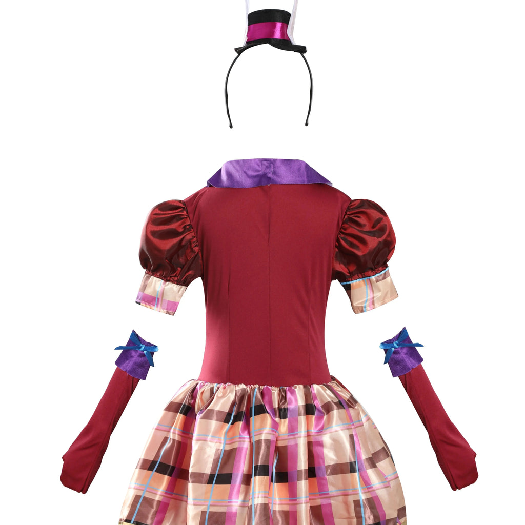 Girls burgundy plaid dress costume set, puff sleeves and back view with bunny ear headband