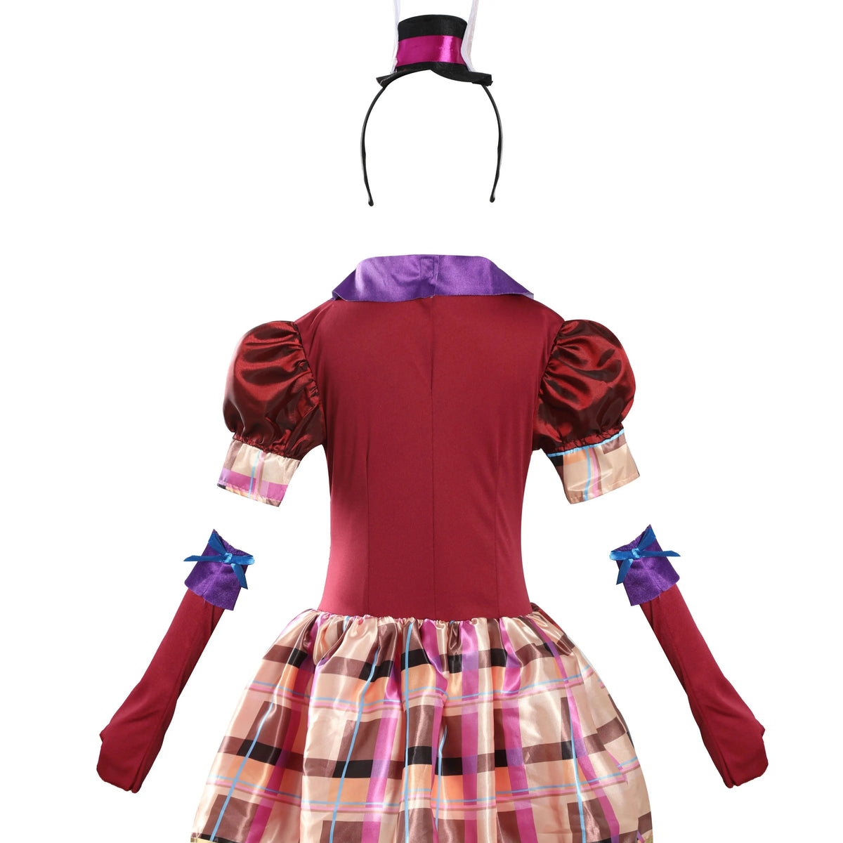 Girls burgundy plaid dress costume set, puff sleeves and back view with bunny ear headband