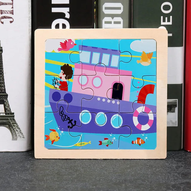 Kids wooden tangram jigsaw puzzle with cartoon ocean rescue scene in wooden frame