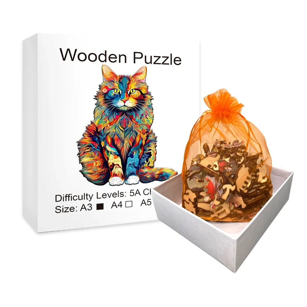 Wooden cat jigsaw puzzle box with separate piece bag and illustrated cat graphic