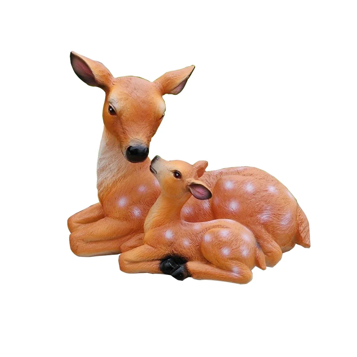 Doe and fawn deer statue set, seated doe with fawn curled beside her