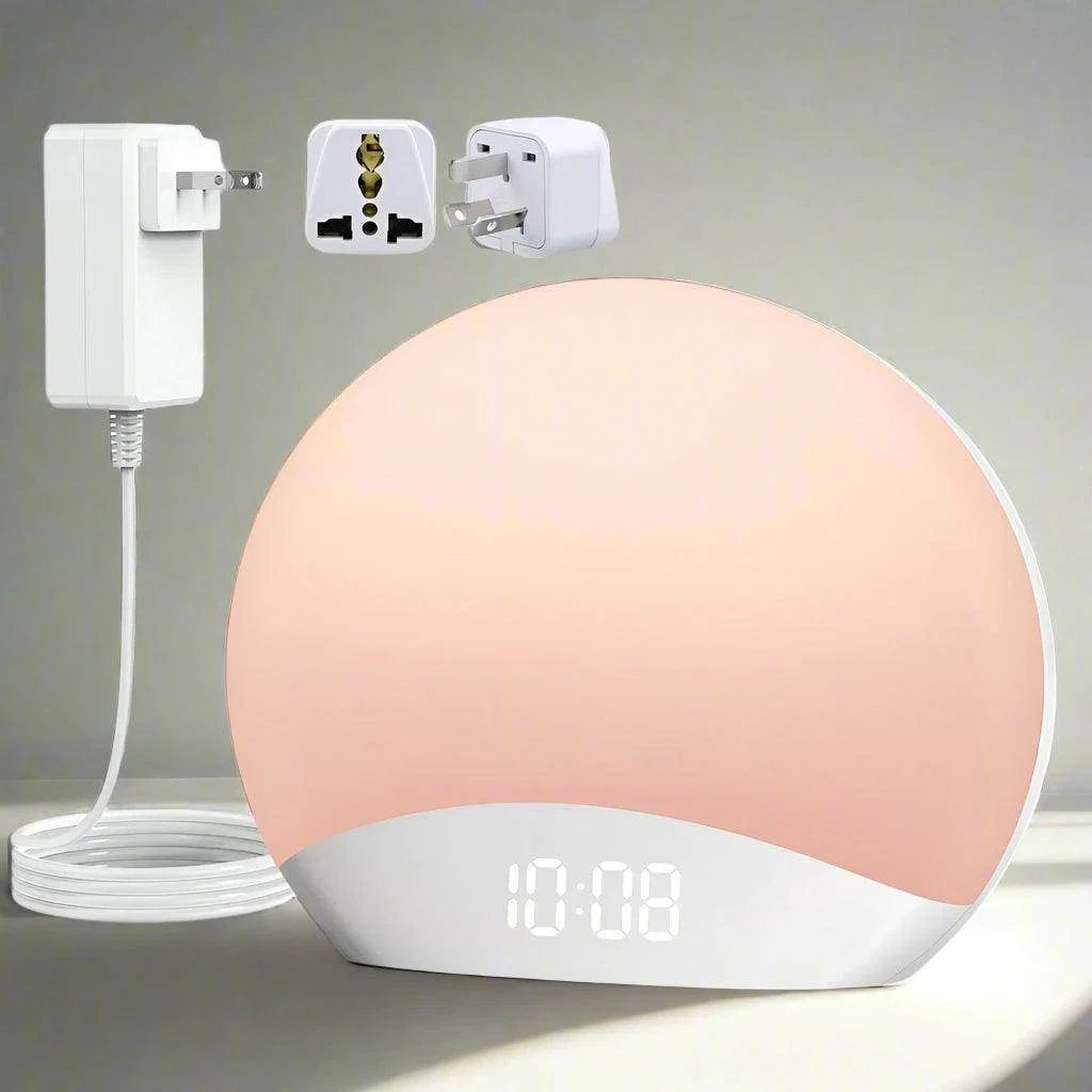 Peach sunrise alarm clock with 00:08 digital clock and multi-plug adapter
