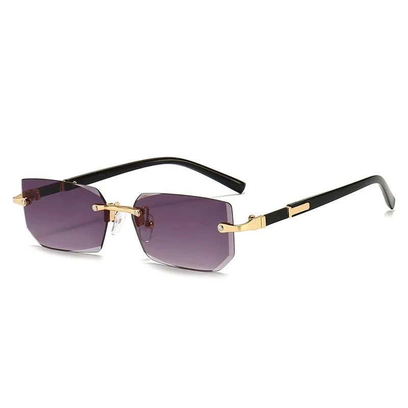 Rimless rectangle sunglasses with purple lenses, black arms, gold hardware