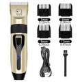 Gold pet clipper kit with 3mm, 6mm, 9mm, 12mm guards and USB charging cable