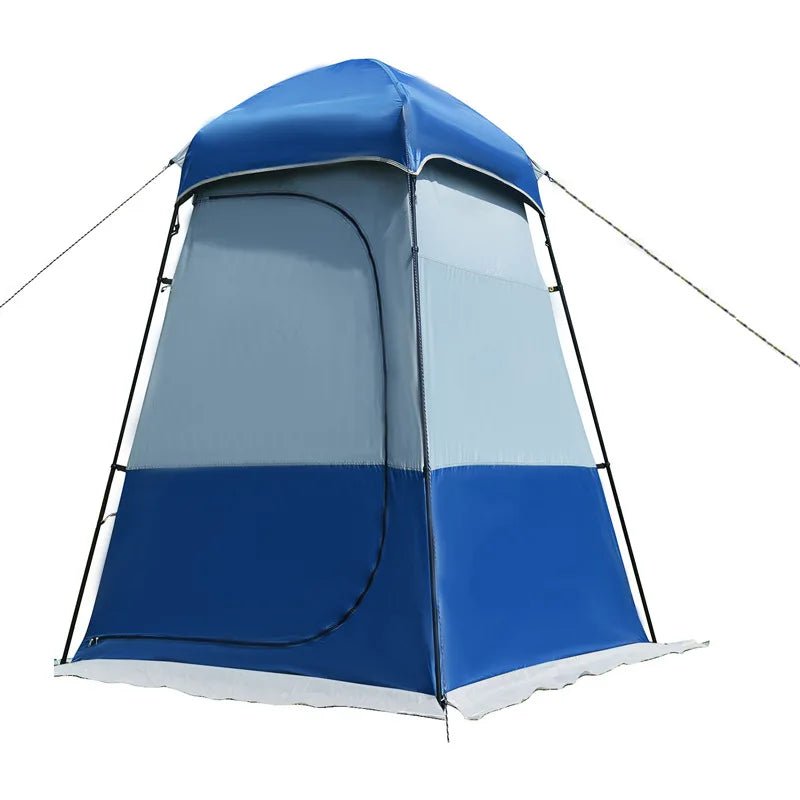 Blue shower tent with arched roof and front privacy door, waterproof fabric shelter.