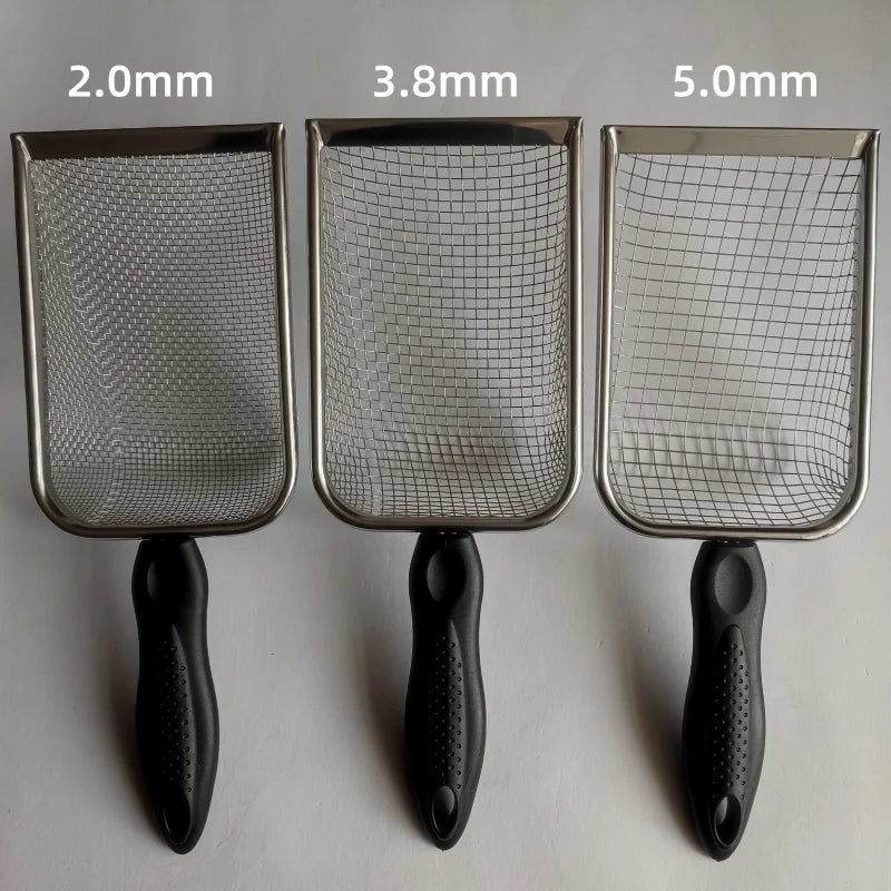 Stainless steel cat litter sifter set with 2.0mm, 3.8mm, and 5.0mm mesh trays