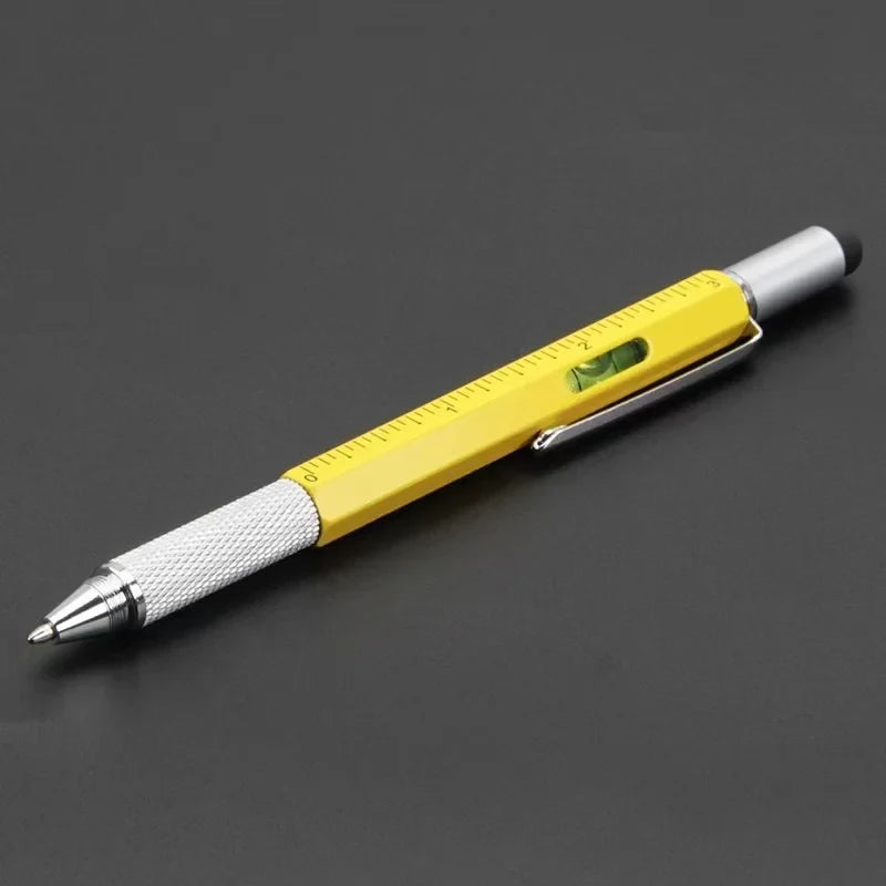 7-in-1 stylus pen with yellow ruler section, silver tip, and textured grip