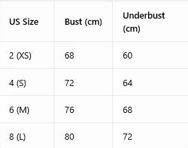 Size chart: US 2/4/6/8 bust 68/72/76/80 cm; underbust 60/64/68/72 cm