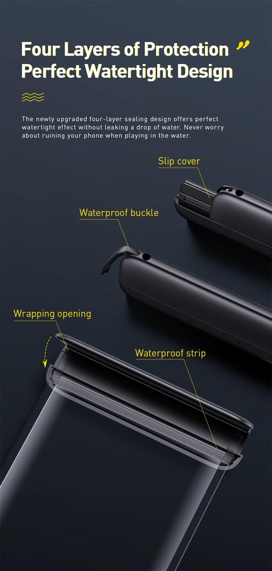 Black waterproof phone pouch with waterproof strap, buckle, and layered protection