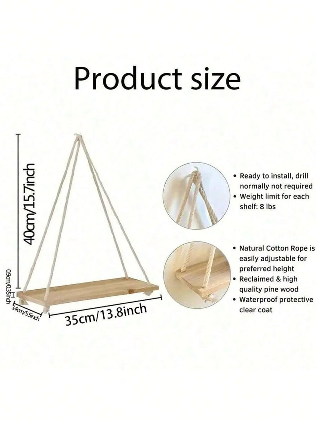 Hanging shelf size diagram: triangular hemp rope, dimensions shown on chart
