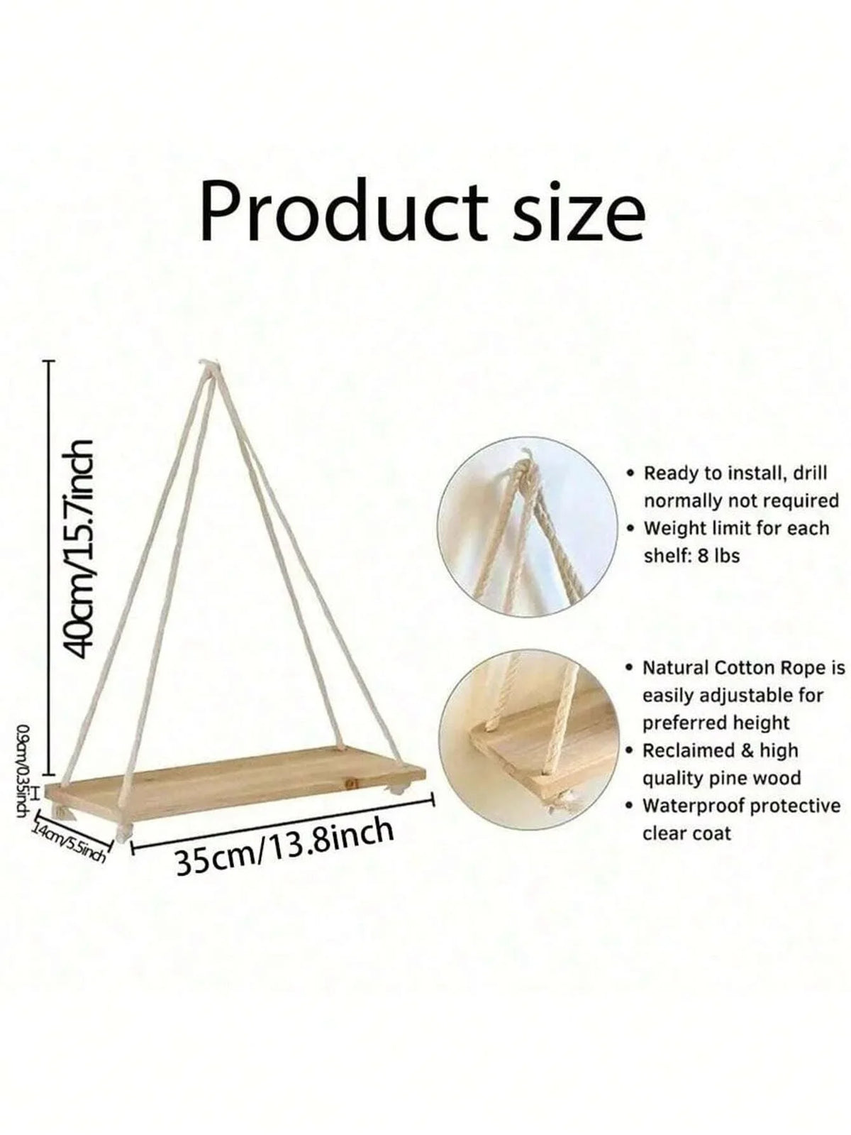 Hanging shelf size diagram: triangular hemp rope, dimensions shown on chart