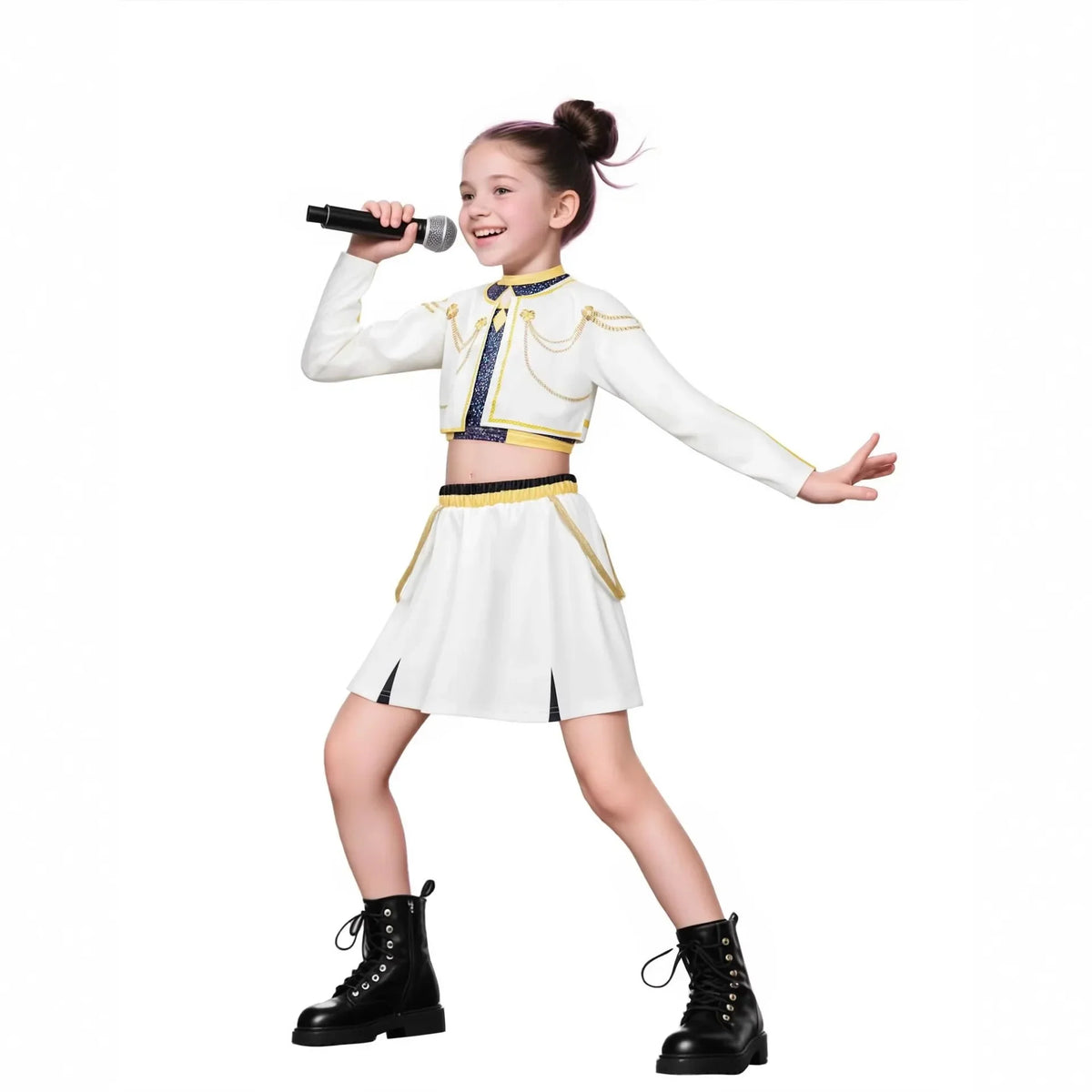 Girls Zoey Rumi Mira cosplay costume: white-and-gold top with skirt, dark boots