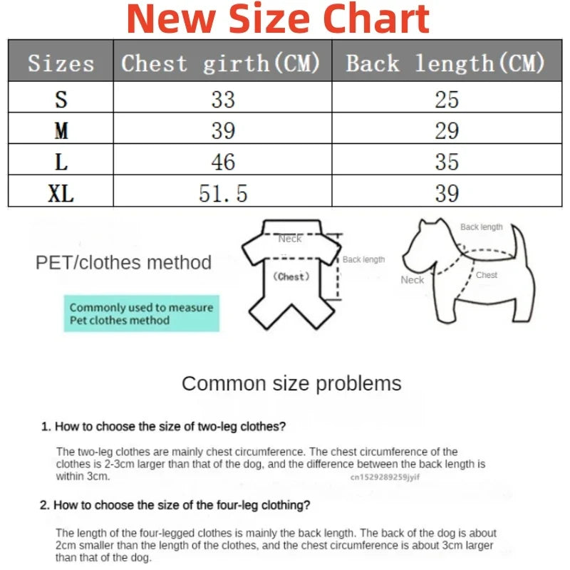 Pet jacket size chart with chest girth and back length measurements (CM)