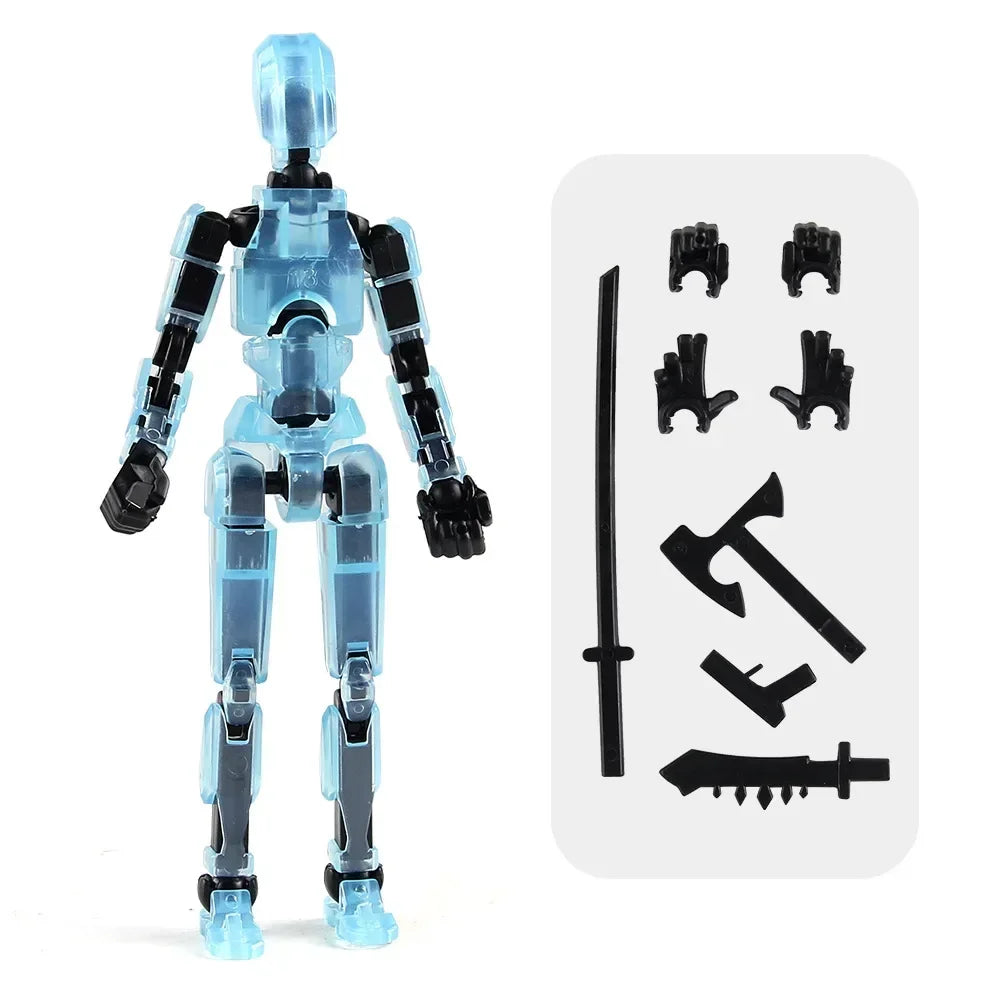 Blue transparent multi-jointed robot action figure with accessory parts card