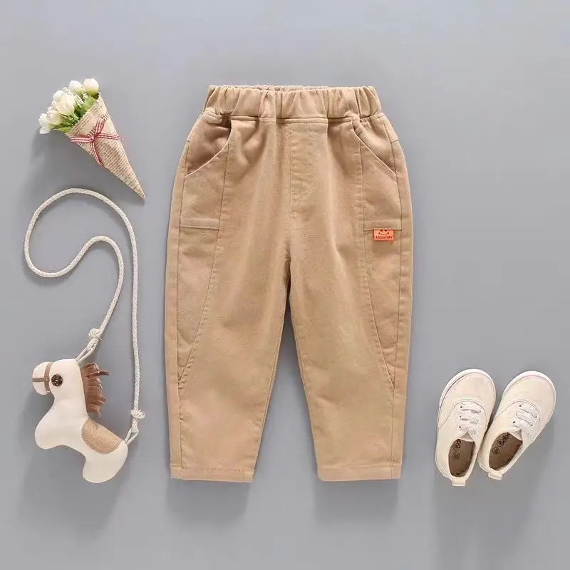 Kids cotton casual pants, khaki, elastic waist with side pockets
