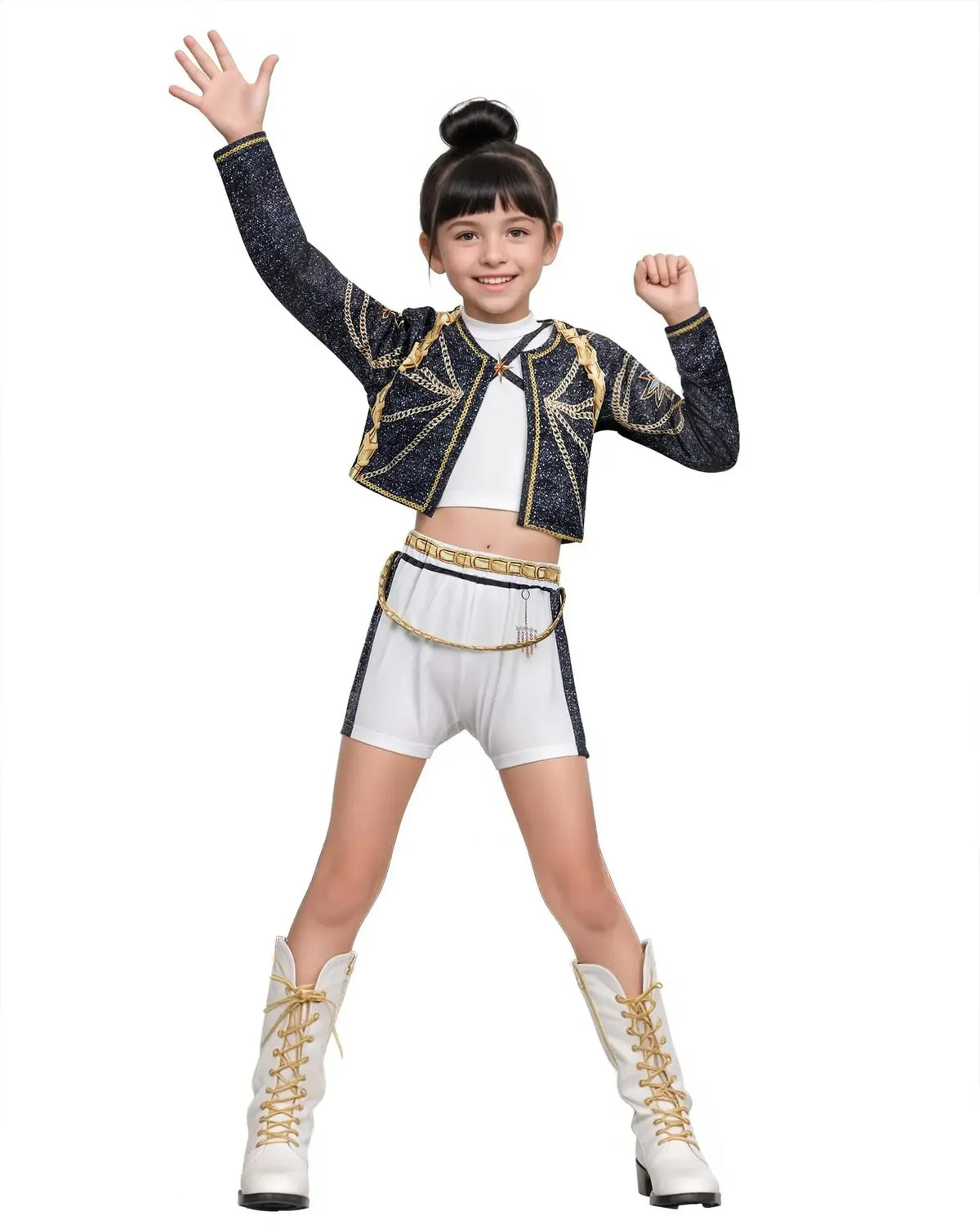 Girls Zoey Rumi Mira cosplay costume: gold-trim cropped jacket with white shorts, boots