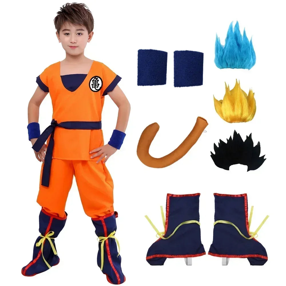 Orange martial arts cosplay suit with navy accents, bow belt, and matching pants