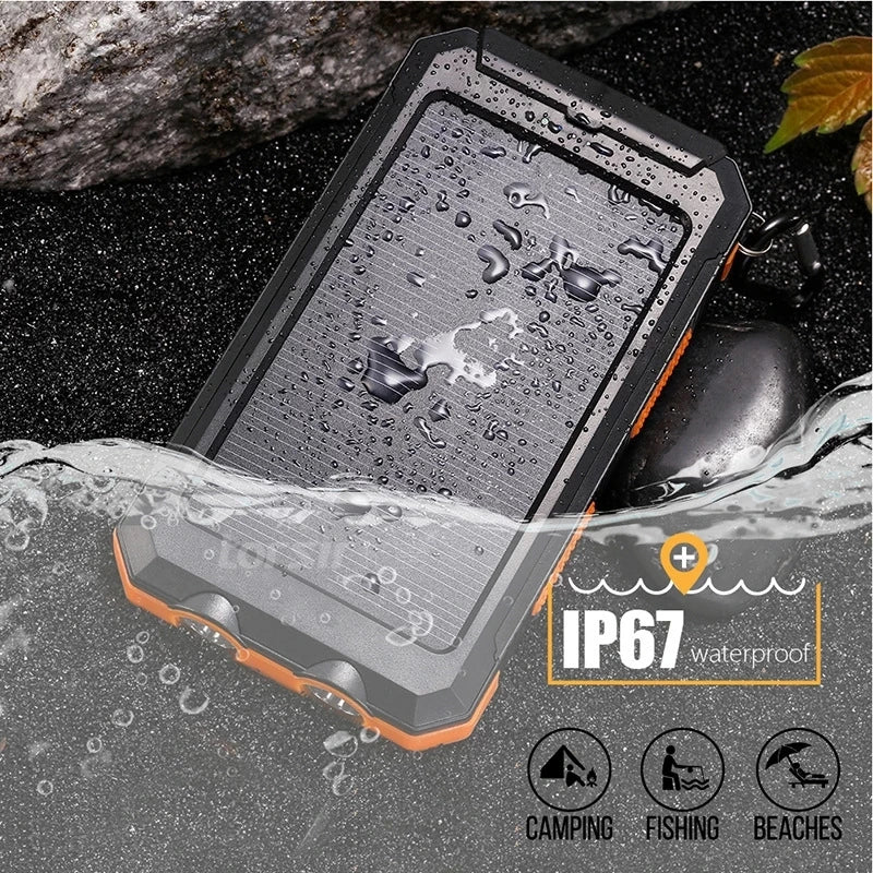 Waterproof solar power bank with IP67 rating, raindrop texture, rugged dark gray and orange