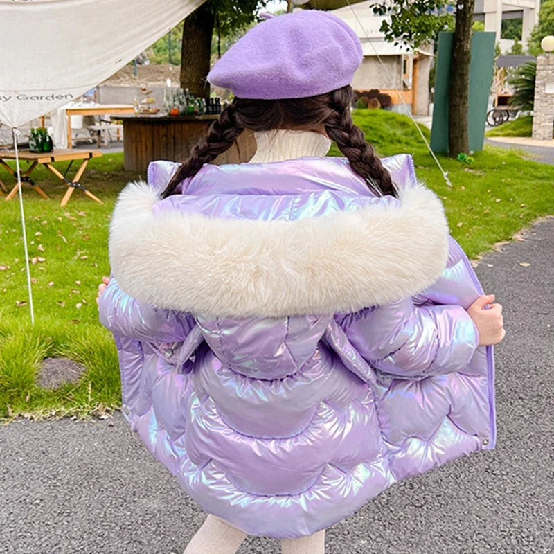 Girls hooded puffer jacket with faux fur collar and zipper, lilac shimmer color.