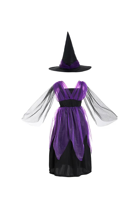 Girls purple tutu dress, black and purple layered skirt with veil tulle and point hat