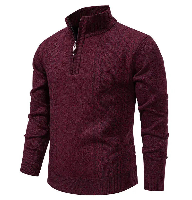 Men's knit pullover sweater, burgundy, stand collar half-zip (back view)