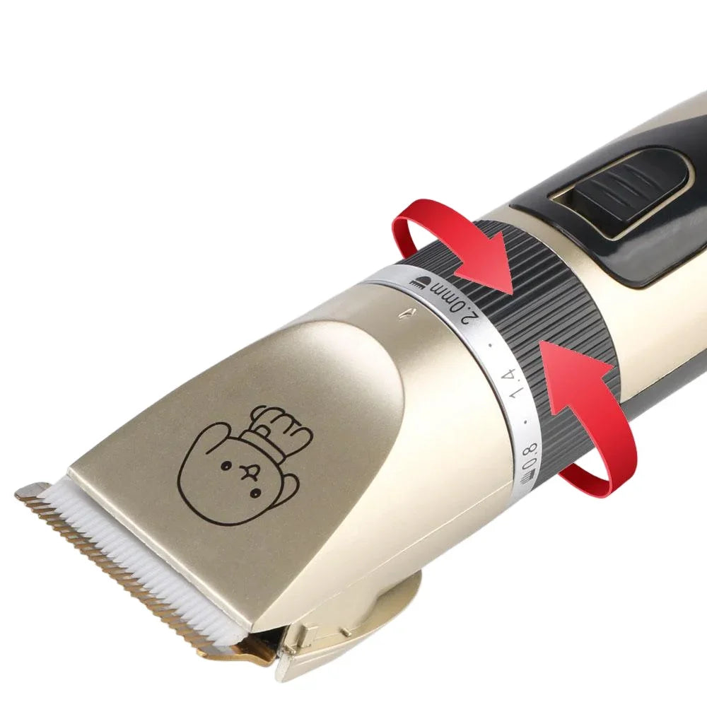 Gold pet electric hair trimmer with adjustable guide dial and black window detail