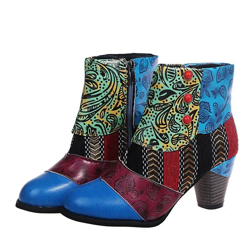 Women’s patchwork ankle boots with side zipper and stacked heel in blue, red, and green