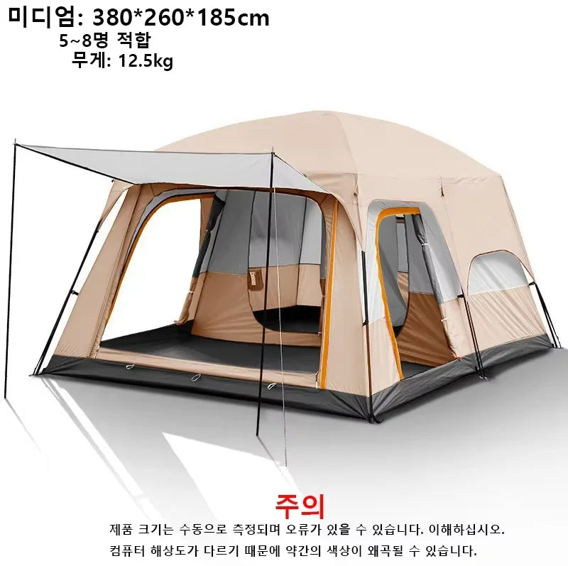 Family camping tent with two rooms, beige and brown fabric, open front panels, side view
