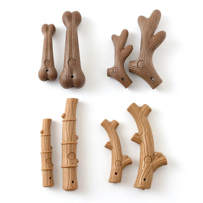 Assorted pet teeth grinding chew toys in brown and tan, bone and antler shapes