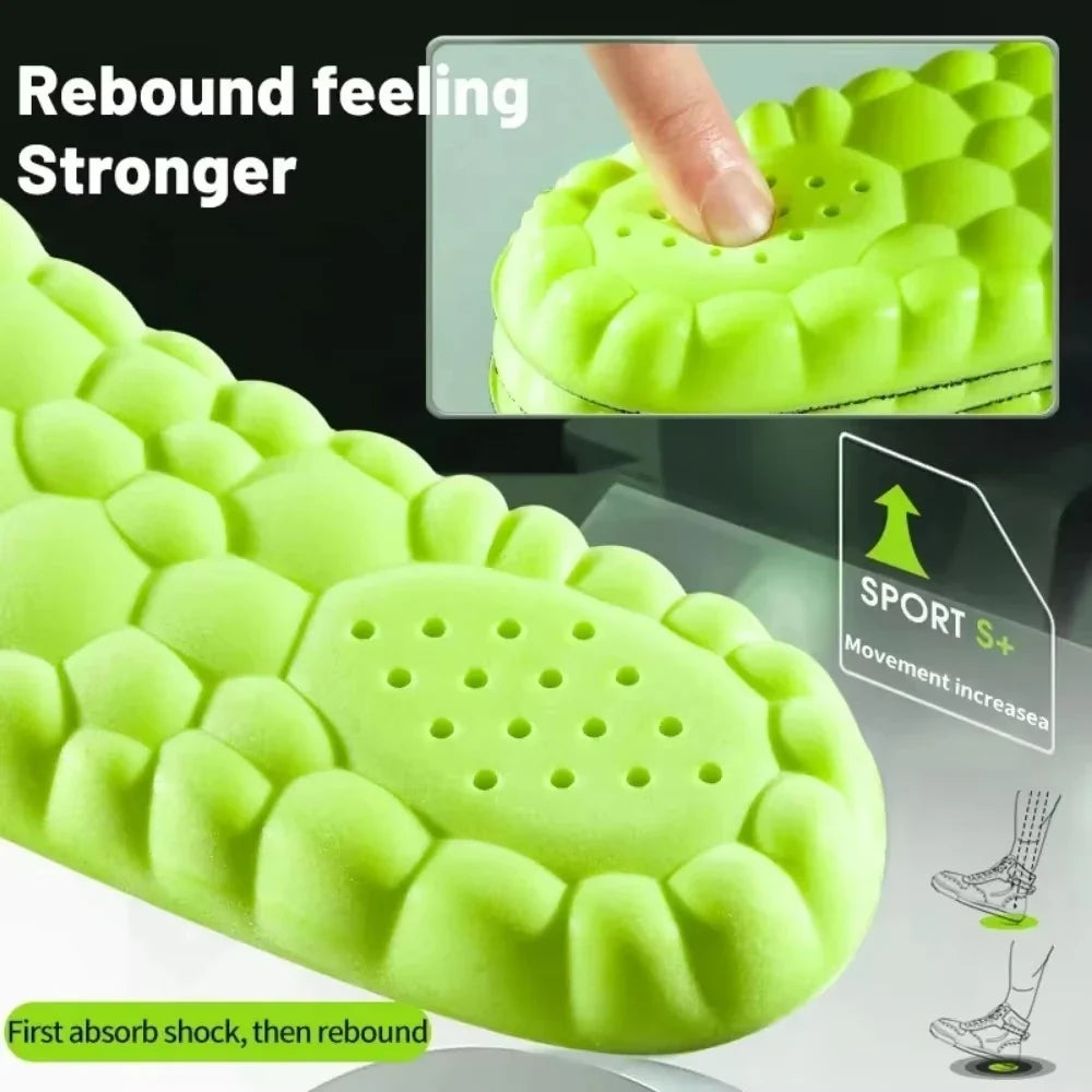 Green shock-absorbing sport insole with textured heel pad and perforated surface