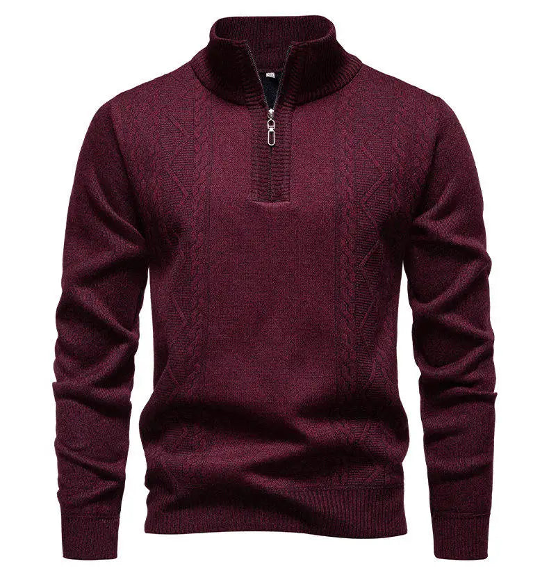 Men's knit pullover sweater, burgundy, stand collar half-zip with textured pattern