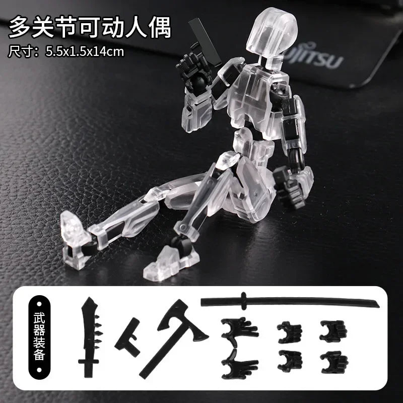 Clear and black multi-jointed action figure robot with weapon and accessory parts