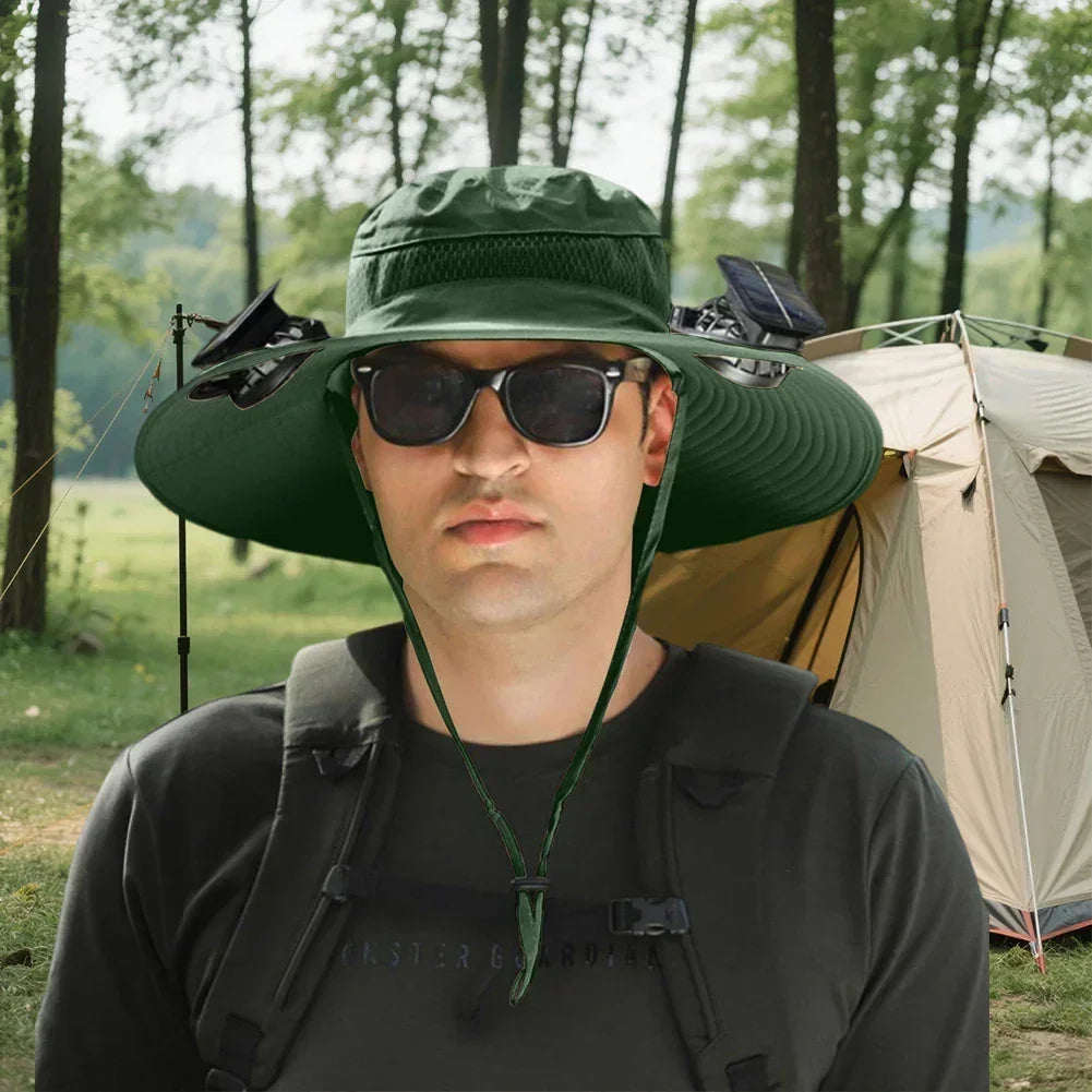 Green wide-brim solar fan fisherman hat with side solar panels and chin strap
