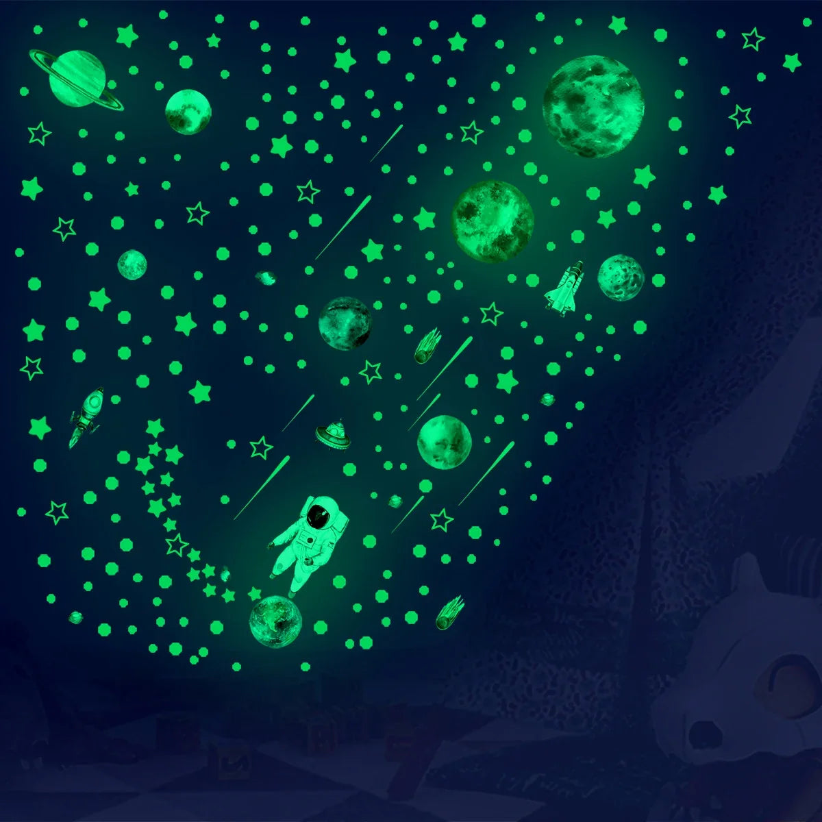 Glowing green space wall stickers: planets, stars, and rocket shapes