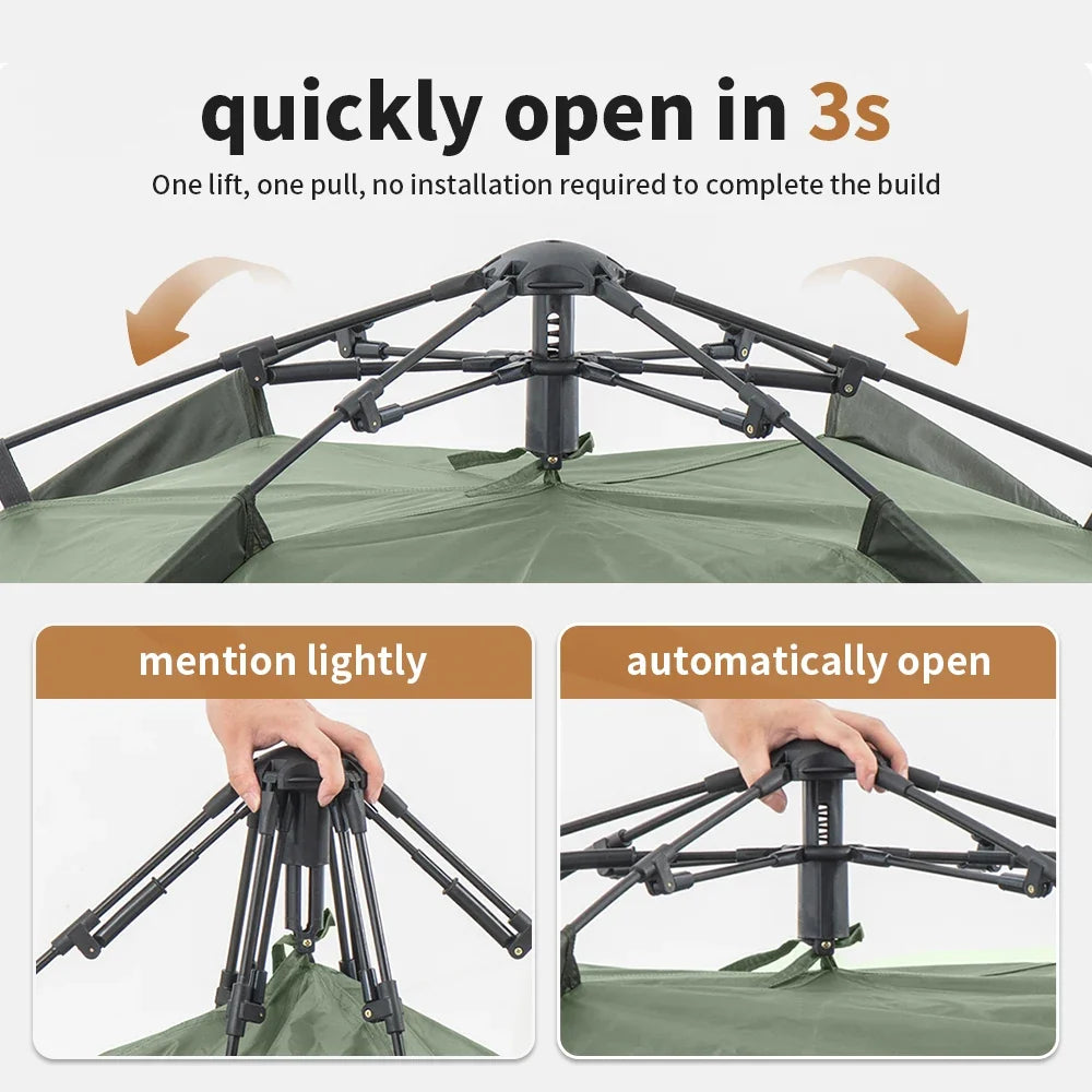Dark green tent with spring frame and zipped canopy roof for quick automatic setup