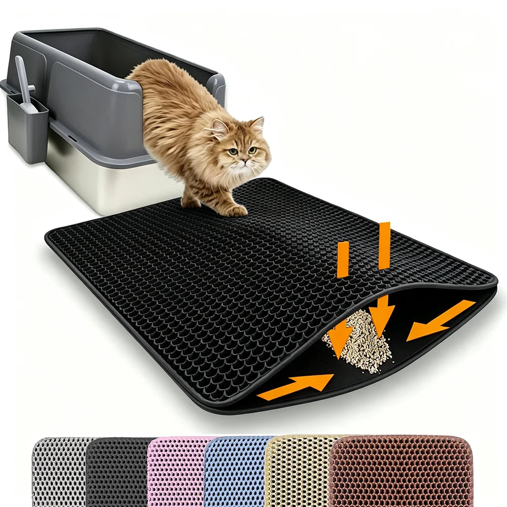 Black double-layer honeycomb cat litter mat with waterproof backing