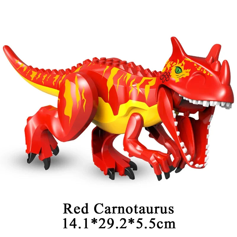 Red carnivorous dinosaur building block figure with fiery pattern and open jaw
