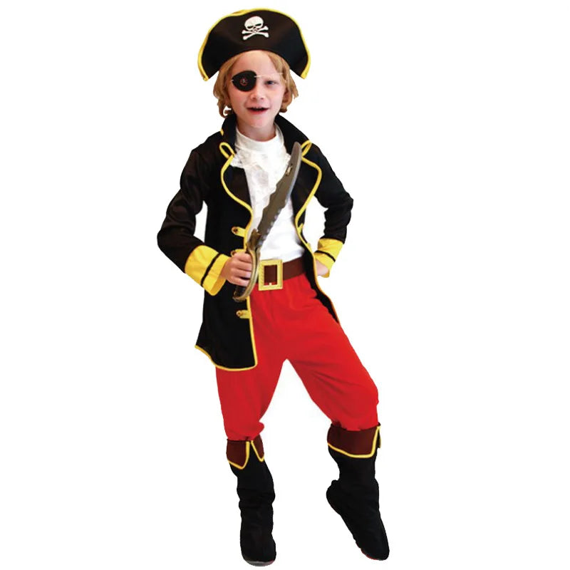 Kids pirate costume: black jacket with yellow trim, red pants, pirate hat, tall boots