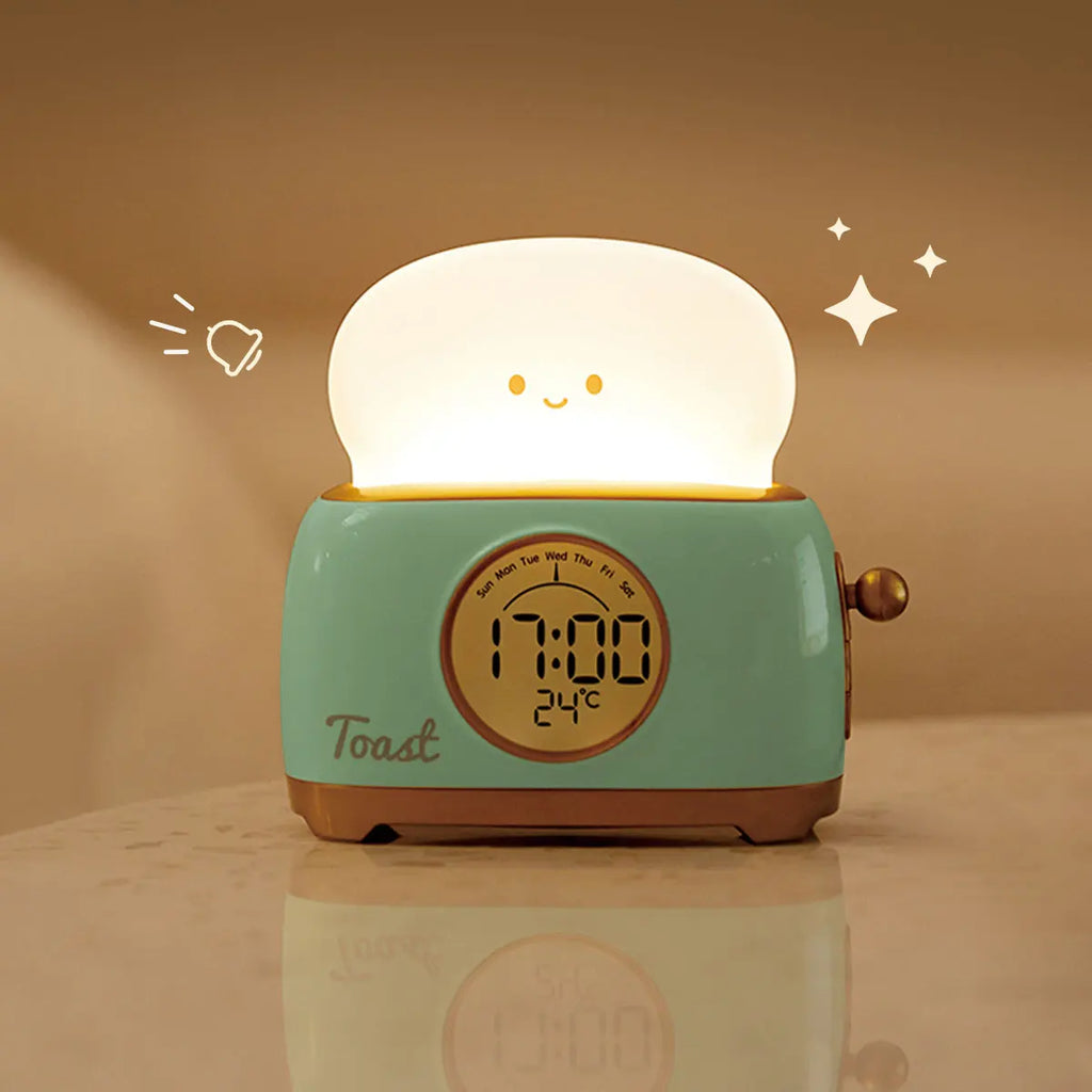 Green toaster-shaped kids alarm clock night light with glowing top display