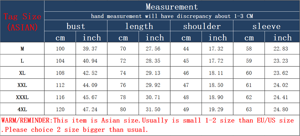 Men's cardigan size measurement chart with bust, length, shoulder, and sleeve