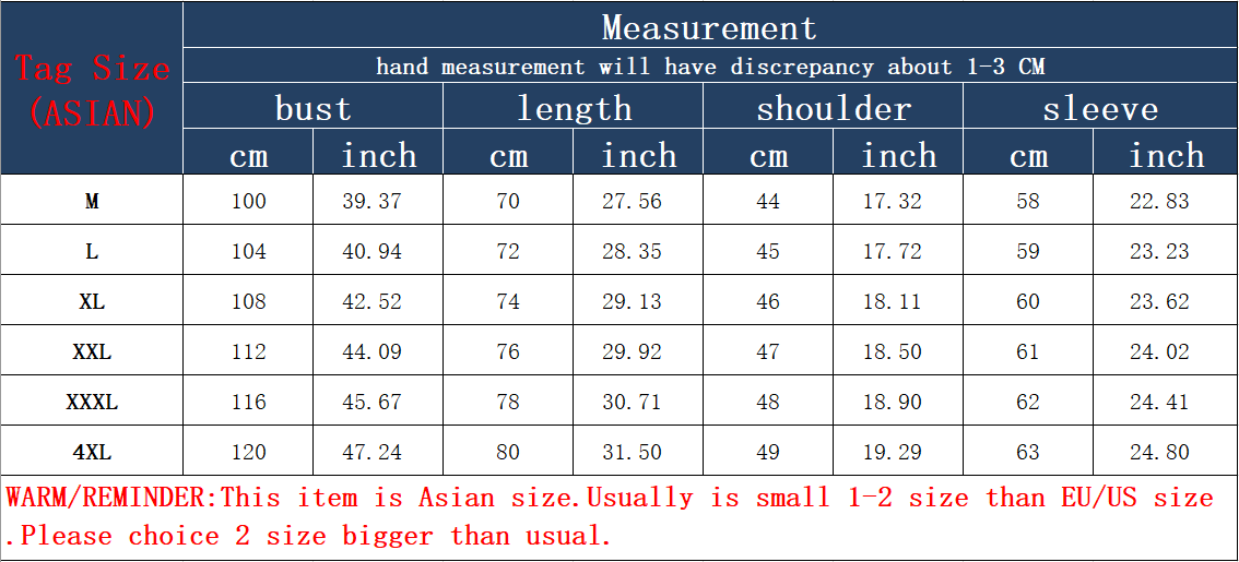 Men's cardigan size measurement chart with bust, length, shoulder, and sleeve