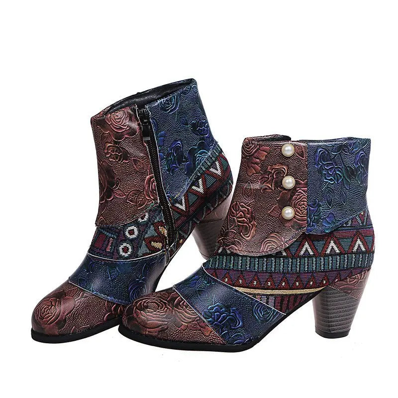 Women’s patterned ankle boots with side zipper and stacked heel in burgundy and blue prints