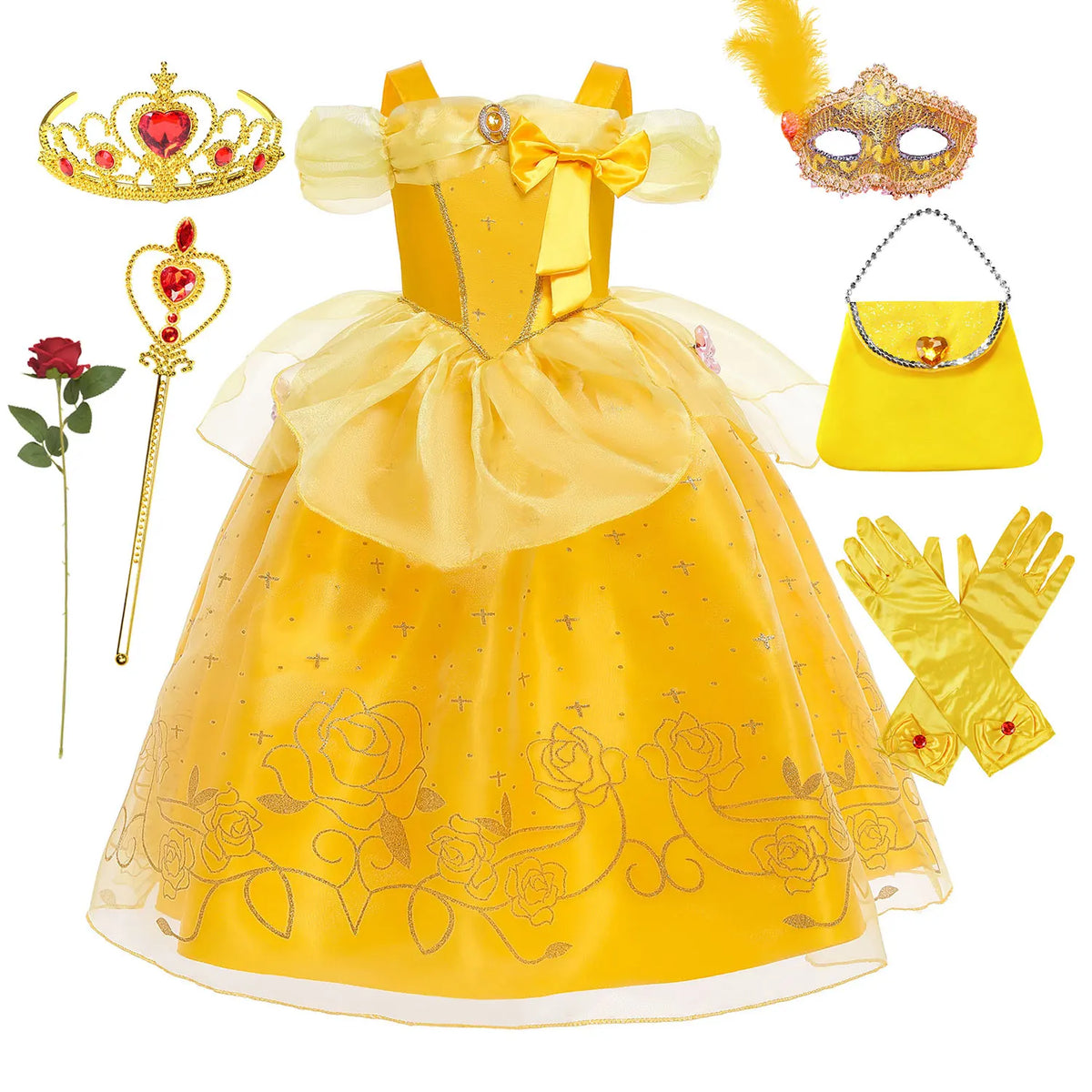 Yellow princess cosplay dress for kids with satin bodice, bow at shoulders, and layered tulle skirt