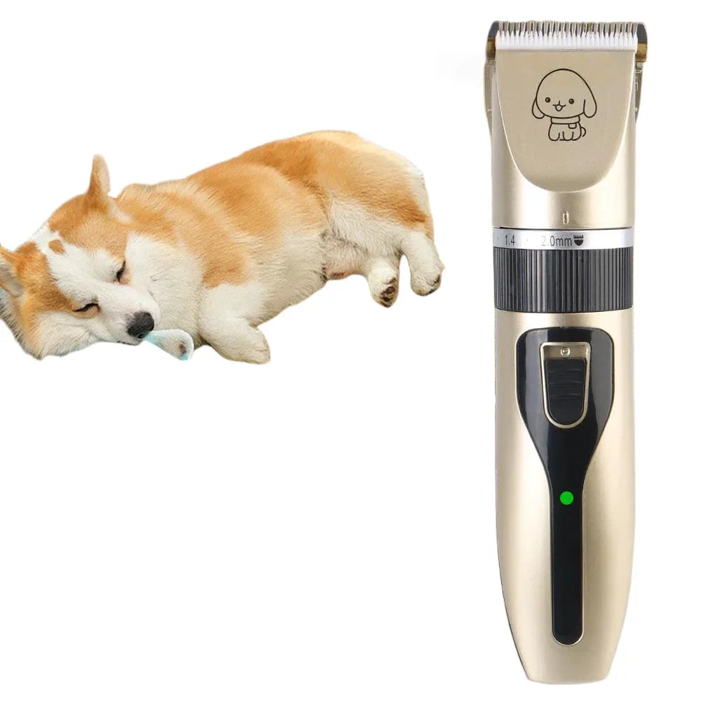 Gold and black pet clipper held beside a sleeping dog, featuring blade guard