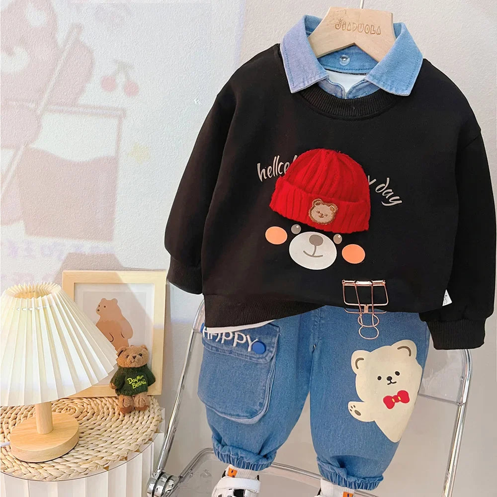 Black sweatshirt with red beanie bear graphic and blue denim jogger pants set
