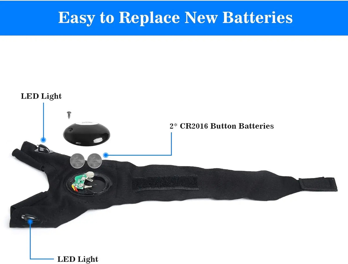 Black fingerless LED flashlight gloves with built-in LED light and battery area